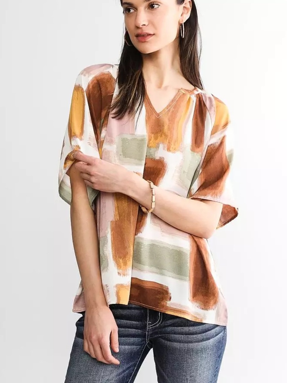 Buckle Black Brushstroke Split-Neck Blouse in Mustard, Rust & Sage